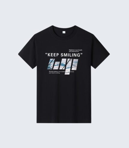 Black Graphic Print T-Shirt with Keep Smiling Quote Design