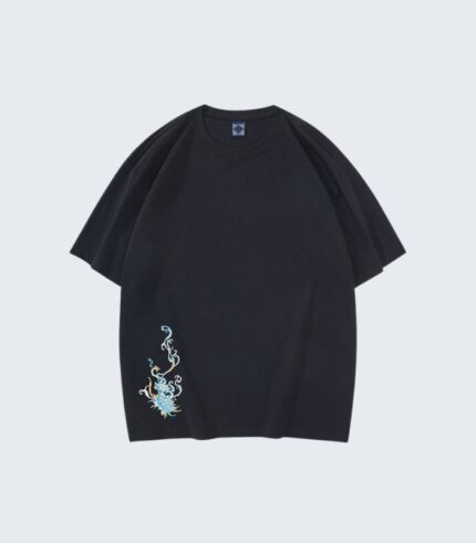 Black T-Shirt with Blue Dragon Embroidery - Streetwear