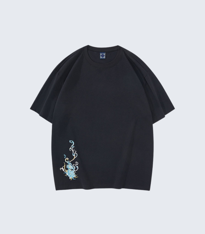 Black T-Shirt with Blue Dragon Embroidery - Streetwear