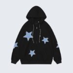 Black Zip Up Hoodie with Blue Star Patch Design for Women