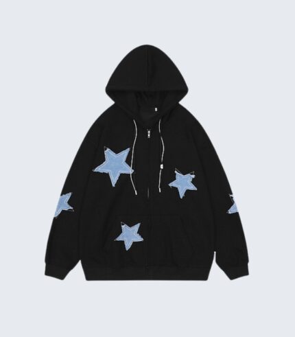 Black Zip Up Hoodie with Blue Star Patch Design for Women