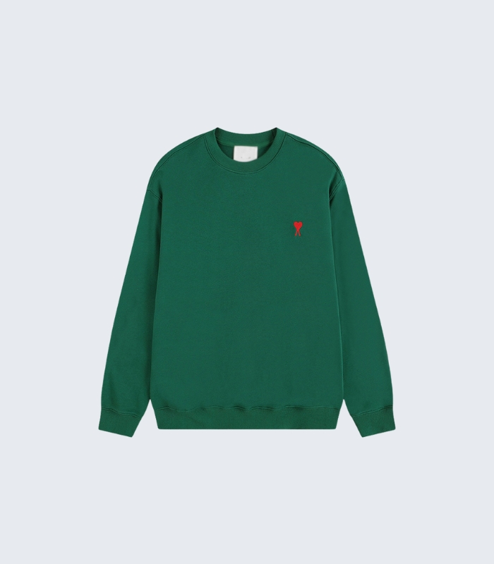 Green Crewneck Sweatshirt with Red Heart Embroidery