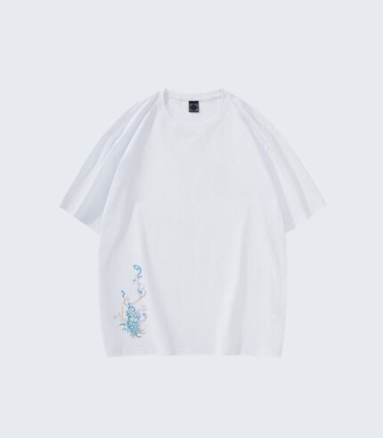 White T-Shirt with Blue Dragon Embroidery - Summer Casual