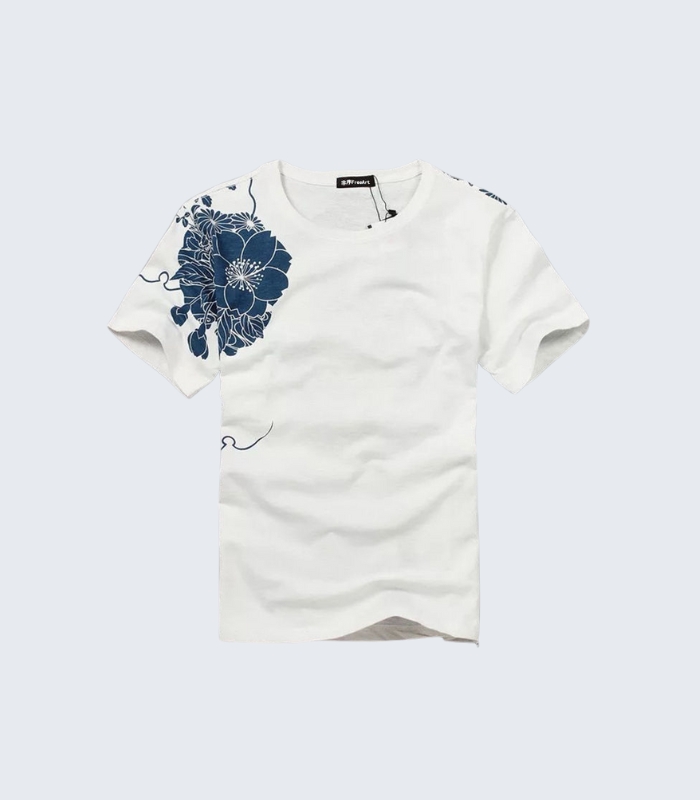 White T-Shirt with Blue Floral Print - Stylish Summer Wear